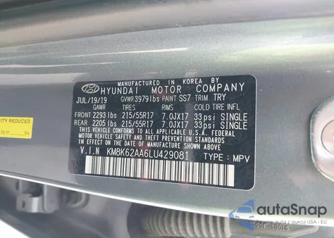 2020 Hyundai Kona Sel Plus z USA, uszkodzony, nr VIN KM8K62AA6LU429081